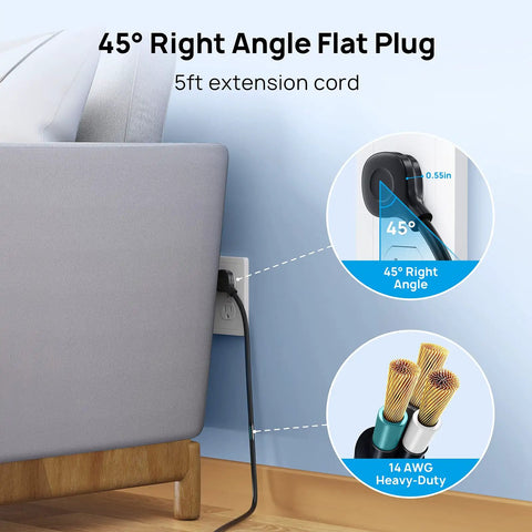 Power Strip Surge Protector With 10 Widely Spaced Outlets 2 USB C Ports And 2 USB A Ports 1875W 4000J Surge Protection showing 45° flat plug