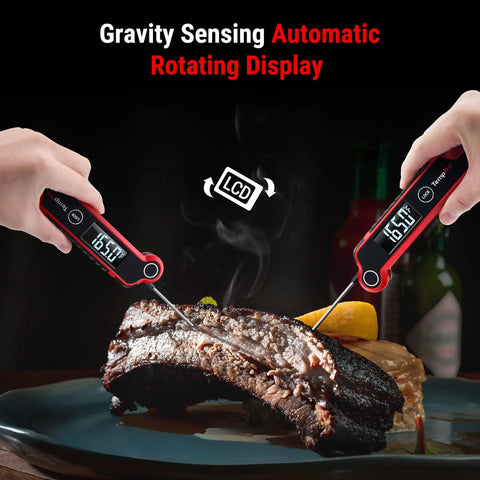 Instant Read Meat Thermometer Digital For Kitchen And Grill showing temperature on steak with 180 degree rotating screen