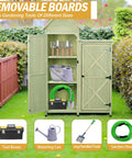 Outdoor Storage Cabinet With Waterproof Metal Roof And Wooden Vertical Design, open to show shelves with garden tools.