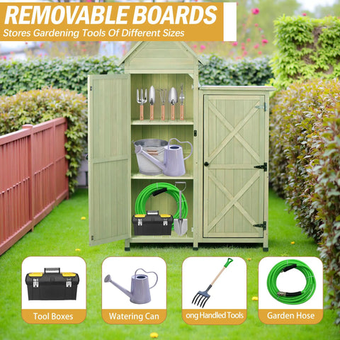 Outdoor Storage Cabinet With Waterproof Metal Roof And Wooden Vertical Design, open to show shelves with garden tools.