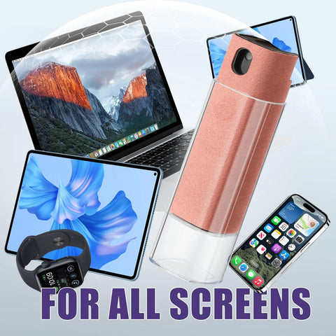 Pink 3-in-1 screen cleaner spray bottle with built-in wipe, 50-pack, shown with iPhone, iPad, laptop, tablet and smartwatch