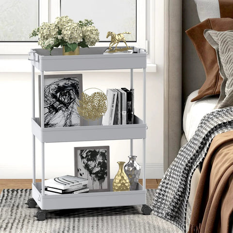 Three Tier Rolling Cart With Wheels For Office Living Room And Kitchen Gray Three Hanging Baskets Craft And Art Trolley Organizer