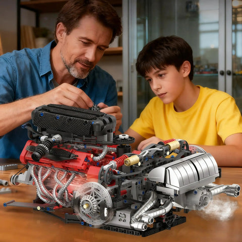 Realistic V12 Engine Model Kit That Runs Visible MOC Car Engine Project For Gearhead Enthusiasts With Motor, Lighting And Exhaust STEM Engineering Toy Set For Adults, Builds Durable, Interactive Engine Display on table