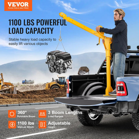 Pickup Truck Bed Crane With 1100 Lb Manual Winch Folding Jib Hoist Steel Construction 360 Degree Swivel Workhorse Mountable Truck Crane lifting engine