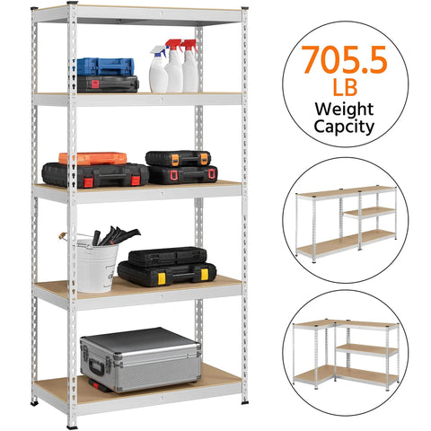 Badass 5 Tier Metal Storage Shelving Unit Heavy Duty Steel Rack With Rock Solid MDF Shelves Silver Color Super Tough Organizer For Garage Closet Home Use 72 Inch Height Nuke Clutter With Game Changing Storage Power