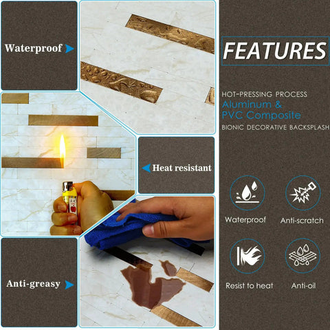 Features of 10 Sheet Peel And Stick Backsplash Subway Tile In Copper Beige Marble Look For Kitchen And Bathroom, showing waterproof, heat-resistant, and anti-greasy properties.