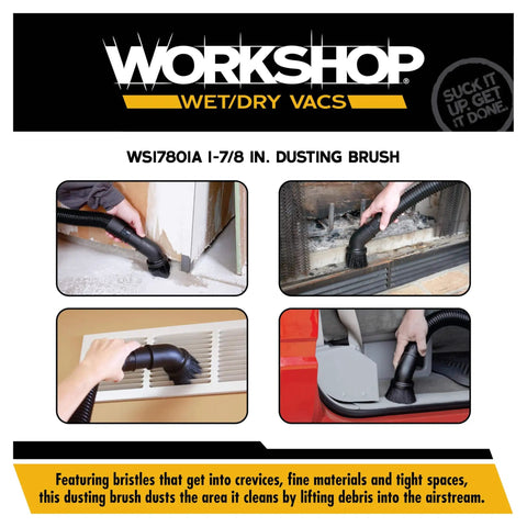 Dusting Brush Attachment For Wet Dry Vacuums lifting dust from crevices, fits 1-7/8 inch hoses, ideal for cars and workshops.