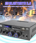 BT398A Stereo Amplifier Receiver With Bluetooth USB SD FM Radio Optical And Coaxial Inputs 900W Peak Power 2 Channel Home Audio Amplifier For Passive Speakers Dope For Your Home Stereo Setup front view with controls and connections