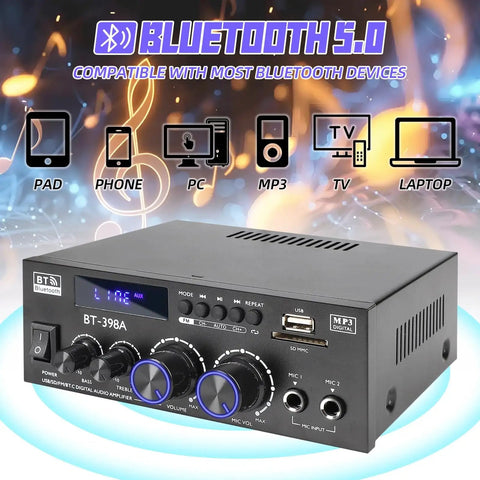 BT398A Stereo Amplifier Receiver With Bluetooth USB SD FM Radio Optical And Coaxial Inputs 900W Peak Power 2 Channel Home Audio Amplifier For Passive Speakers Dope For Your Home Stereo Setup front view with controls and connections
