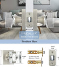 Must Have Crystal Door Knob With Lock Satin Nickel Finish For Bathroom And Bedroom Privacy With Emergency Release Inside Thumb Turn And Privacy Key Outside For Quick Easy Install And Durable Door Hardware shown with dimensions and components