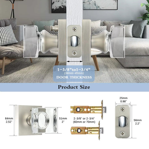 Must Have Crystal Door Knob With Lock Satin Nickel Finish For Bathroom And Bedroom Privacy With Emergency Release Inside Thumb Turn And Privacy Key Outside For Quick Easy Install And Durable Door Hardware shown with dimensions and components
