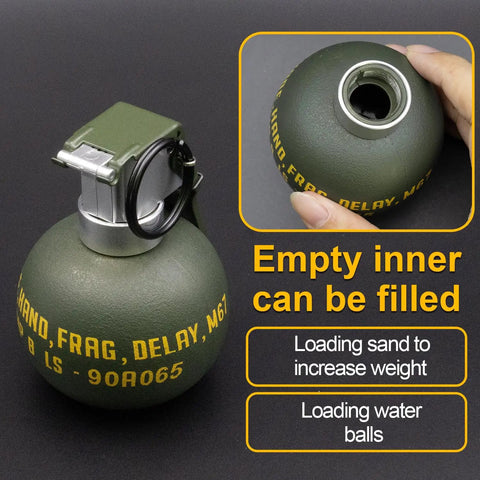 Dummy Grenade Replica Made From Durable Nylon Plastic for Airsoft and Cosplay Gear showing open top and filling options