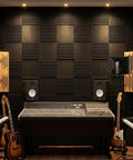 96 Pack Heavy Duty Acoustic Foam Wedge Tiles Soundproofing Wall Panels For Recording Studios, with black wedge tiles on wall.