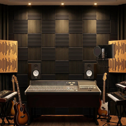 96 Pack Heavy Duty Acoustic Foam Wedge Tiles Soundproofing Wall Panels For Recording Studios, with black wedge tiles on wall.
