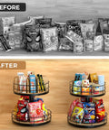 Two-Tier Lazy Susan Snack Organizer with Grab-and-Go Design, organized snacks on wood and metal trays, home office breakroom storage