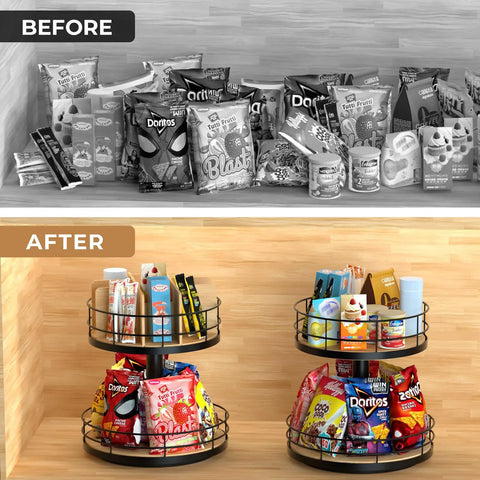 Two-Tier Lazy Susan Snack Organizer with Grab-and-Go Design, organized snacks on wood and metal trays, home office breakroom storage