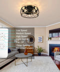 20 Inch Cage Ceiling Fan With Lights And Remote, flush mount low profile in living room, black and gold finish, modern vibe