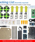 Freenove Omni Wheel Car Kit for Raspberry Pi Pico W - four green omni wheels and four yellow motors, Pico W included.