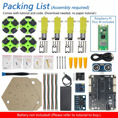 Freenove Omni Wheel Car Kit for Raspberry Pi Pico W - four green omni wheels and four yellow motors, Pico W included.