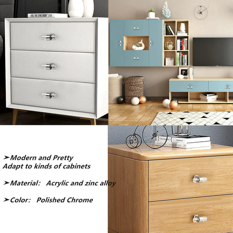 Five Pack Clear Acrylic Cabinet Handles With Single Hole Design Polished Chrome Zinc Alloy Drawer Pulls on furniture.