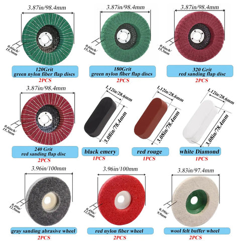 17 Piece 4 Inch Pro Grade Buffing Wheels Polishing Kit For Angle Grinder With 14 Nylon Fiber Flap Discs And Wool Felt Polishing Wheel