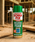 Heavy Duty Expanding Polyurethane Spray Foam 17 Oz Multi Purpose Gap Filler in construction site, can with nozzle and green design.