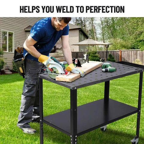 Man using Heavy Duty Steel Welding Table 36 X 19 inch surface for cutting wood in backyard, featuring tools and stability.
