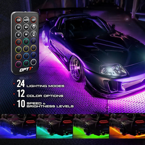Aura Aluminum Car Underglow Lights With Remote Control illuminating a sports car with multicolor neon glow at night.