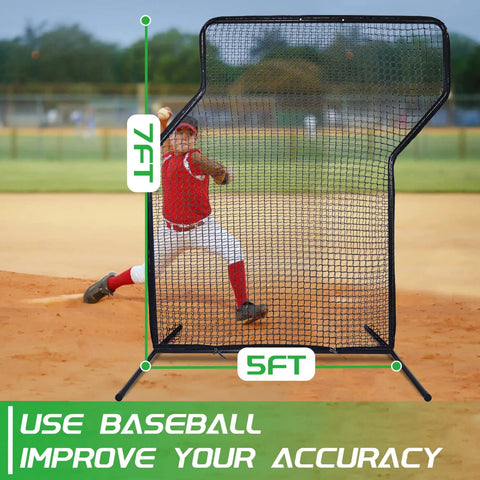 Z Screen Pitching Net 5x7 Ft Portable Baseball Backstop in use during field training with baseball player pitching, adjustable height