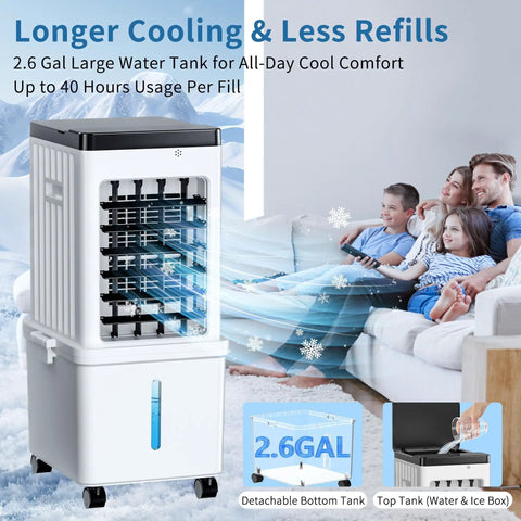 Rapid Cool Portable Evaporative AC Unit With Removable 2.6 Gallon Water Tank, family relaxing in living room.