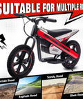 Kids Electric Dirt Bike With 24V 300W Motor, Two Speed Settings, Flashing LED Lights, Builtin Music Function, Durable Electric Bike For Ages Six And Up, Red on multiple roads