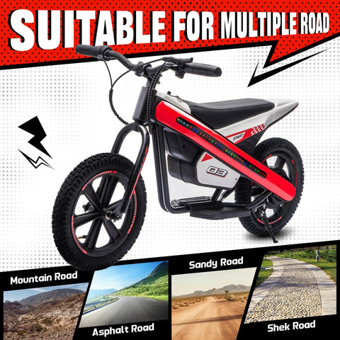 Kids Electric Dirt Bike With 24V 300W Motor, Two Speed Settings, Flashing LED Lights, Builtin Music Function, Durable Electric Bike For Ages Six And Up, Red on multiple roads