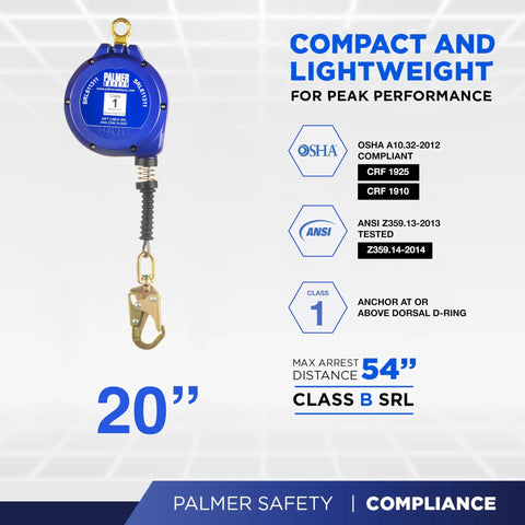 20 Ft Self Retracting Lifeline With Galvanized Cable Swivel Top Housing Three Quarters Inch Load Indicator Hook One Half Inch Carabiner Fall Arrest SRL Yoyo For Industrial Safety ANSI Z359.14-2014 Class B, showcasing blue housing and compliance details.