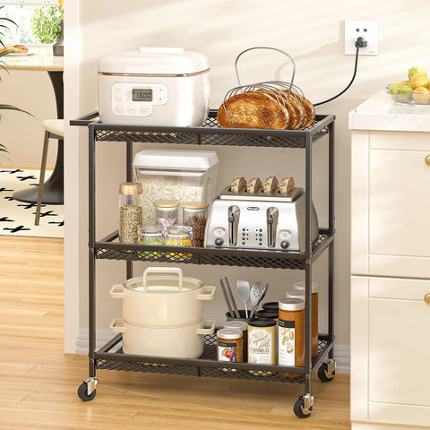 Three Tier Rolling Utility Kitchen Cart with heavy duty metal construction and wire shelves on wheels, used as kitchen storage.