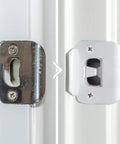 Premium Door Silencer Strike Plate That Cuts Latch Noise And Makes Slamming Chill Out Daily For Zero Stress Home Habits With Durable Flexible Rubber Mounts And Quick One Step Install - comparison of old metal strike plate and new white rubber strike plate.