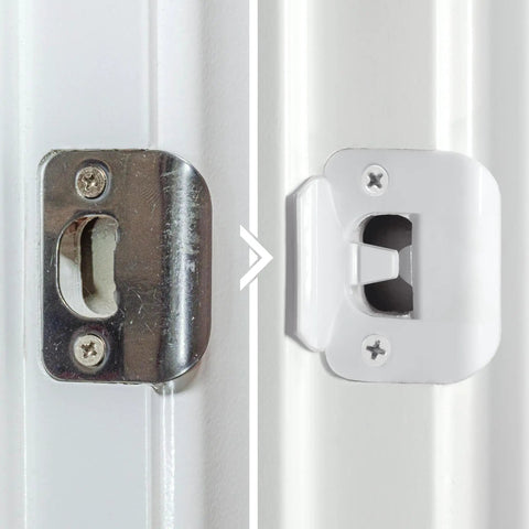 Premium Door Silencer Strike Plate That Cuts Latch Noise And Makes Slamming Chill Out Daily For Zero Stress Home Habits With Durable Flexible Rubber Mounts And Quick One Step Install - comparison of old metal strike plate and new white rubber strike plate.