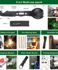 Front view of black 8-in-1 survival spork with knife and bottle opener; fire starters, blanket, paracord, fishing kit.