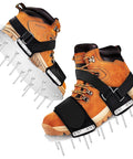 2026 Aluminum Alloy Base Plate Lawn Aerator Shoes With Adjustable Straps Preassembled Metal Spike Boots, brown with metal spikes