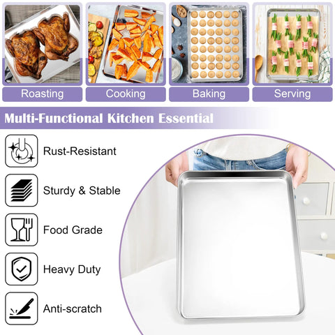 Large Stainless Steel Baking Sheet With Wire Rack Set 20x14 Inch shown for roasting, cooking, baking, serving features