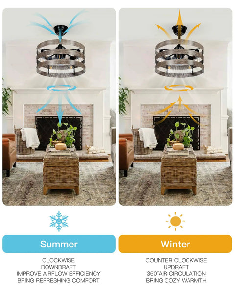 20 Inch Bladeless Ceiling Fan With Lights Remote App Control, Modern Vintage Design, showing summer and winter airflow directions
