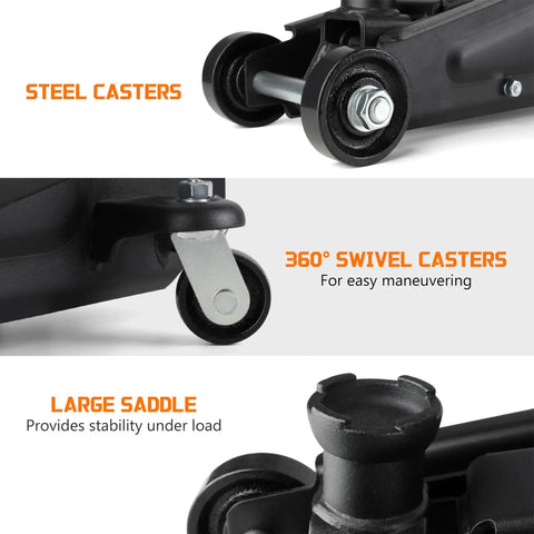 Close-up of 3 Ton Hydraulic Floor Jack With Extra Saddle For SUVs And Trucks Heavy Duty Trolley Jack Built For Home Garage Or On The Go Extended Height And Stability Black Finish For Off Road Use showing steel and swivel casters and large saddle.