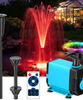 Cool RGB Pond Fountain With LED Lights 660GPH Submersible Pump Adjustable Height and Water Flow Memory Color Modes displayed.