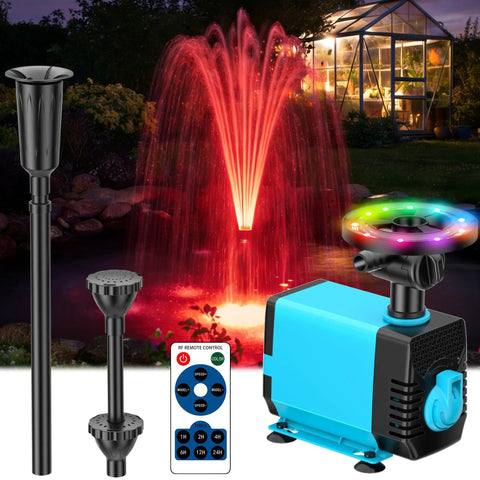 Cool RGB Pond Fountain With LED Lights 660GPH Submersible Pump Adjustable Height and Water Flow Memory Color Modes displayed.