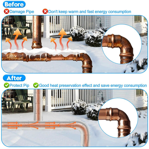Before and after comparison showing exposed pipes and pipes wrapped with 2 Inch By 33 Foot Outdoor Pipe Insulation Wrap Self Adhering Foam Tape.