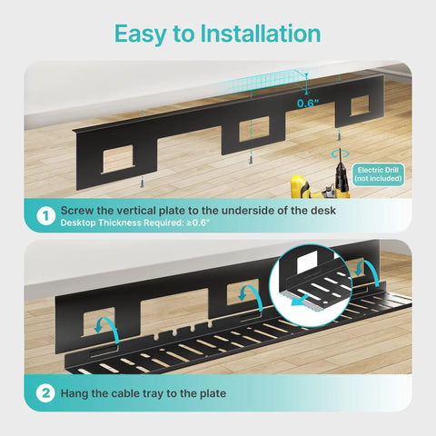 Under Desk Cable Management Tray 31.5 Inch Metal Cord Organizer Rack installation guide showcasing mounting under desk.