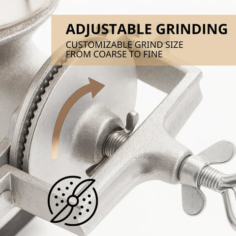 Close-up of Manual Hand Crank Grain Mill Grinder For Fresh Flour In Minutes with durable iron construction and adjustable clamp handle