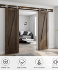 Room with wooden double doors using Stainless Steel Sliding Door Hardware Kit For Top Mount Wooden Doors, J Style, 6 Ft Rail System.