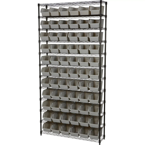 Heavy Duty 12 Tier Wire Shelving Workhorse With 66 Clear Storage Bins Built For Garage Shop Or Craft Vault Easy Peasy Tool Free Assembly Powder Coated Steel Frame Self Leveling Support Feet Design