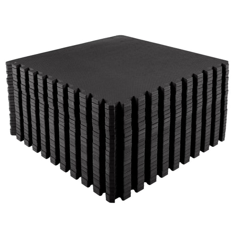 Stack of black 24 Pack EVA Foam Floor Tiles Interlocking Mat Set With 96 Sq Ft Coverage For Garage Playroom Or Home Gym
