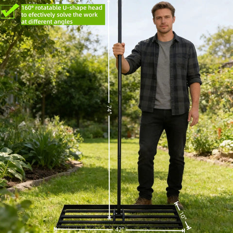 Man holding Lawn Leveling Rake With 72 Inch Non Slip Handle, 42 By 10 Inch Leveling Tool For Grass, Golf Course, dirt ground with rotating head